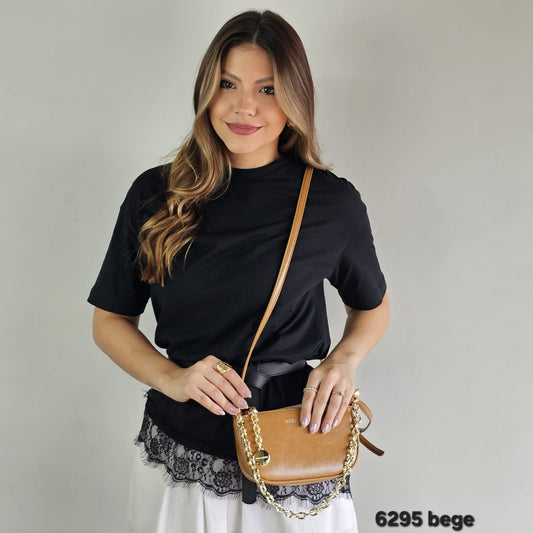 6295 Bolsa Transversal Pequena Rosa Amora Feminina em PU com Alça de Corrente