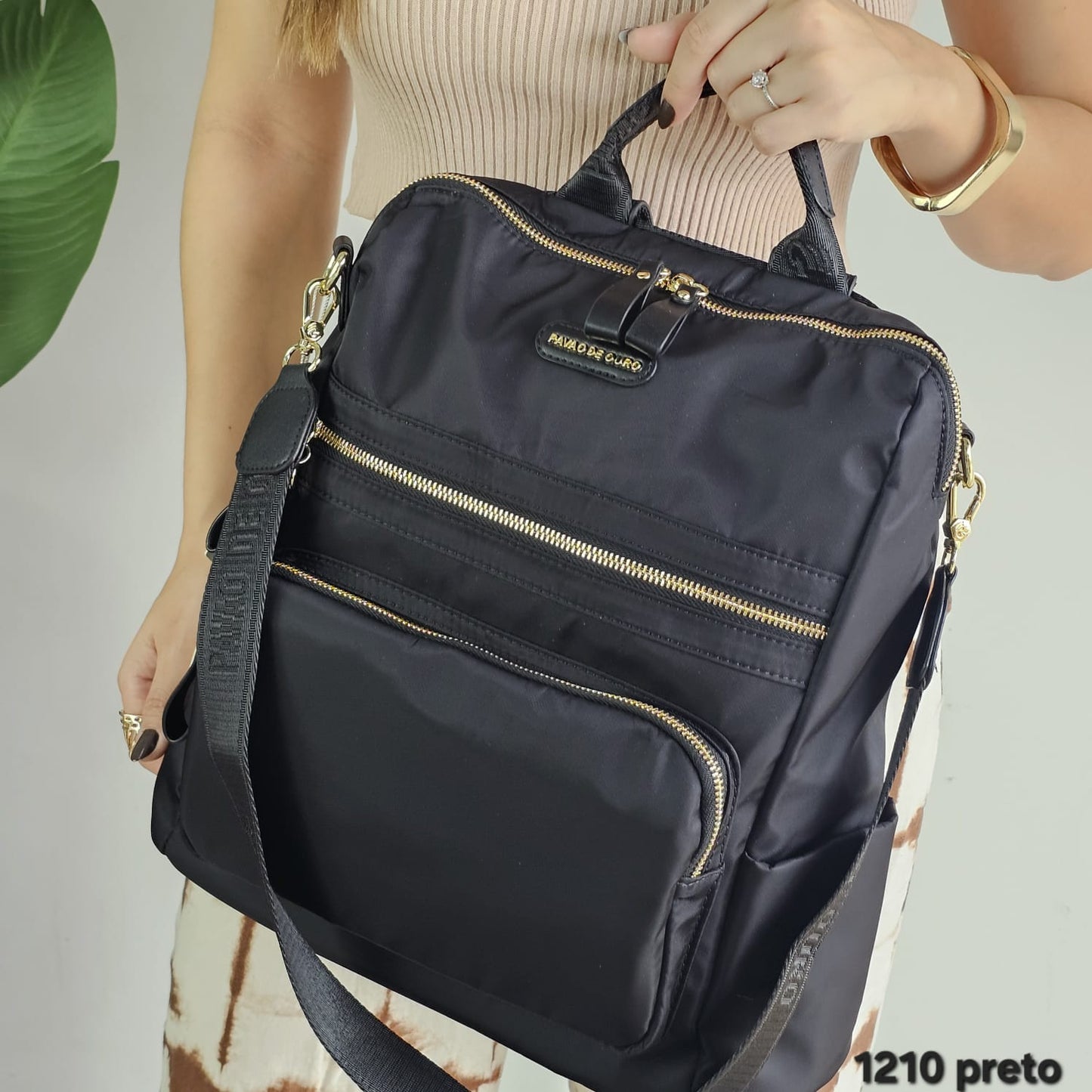 1210 Mochila Feminina Pavão de Ouro Nylon Poliéster Versátil Impermeável Elegante