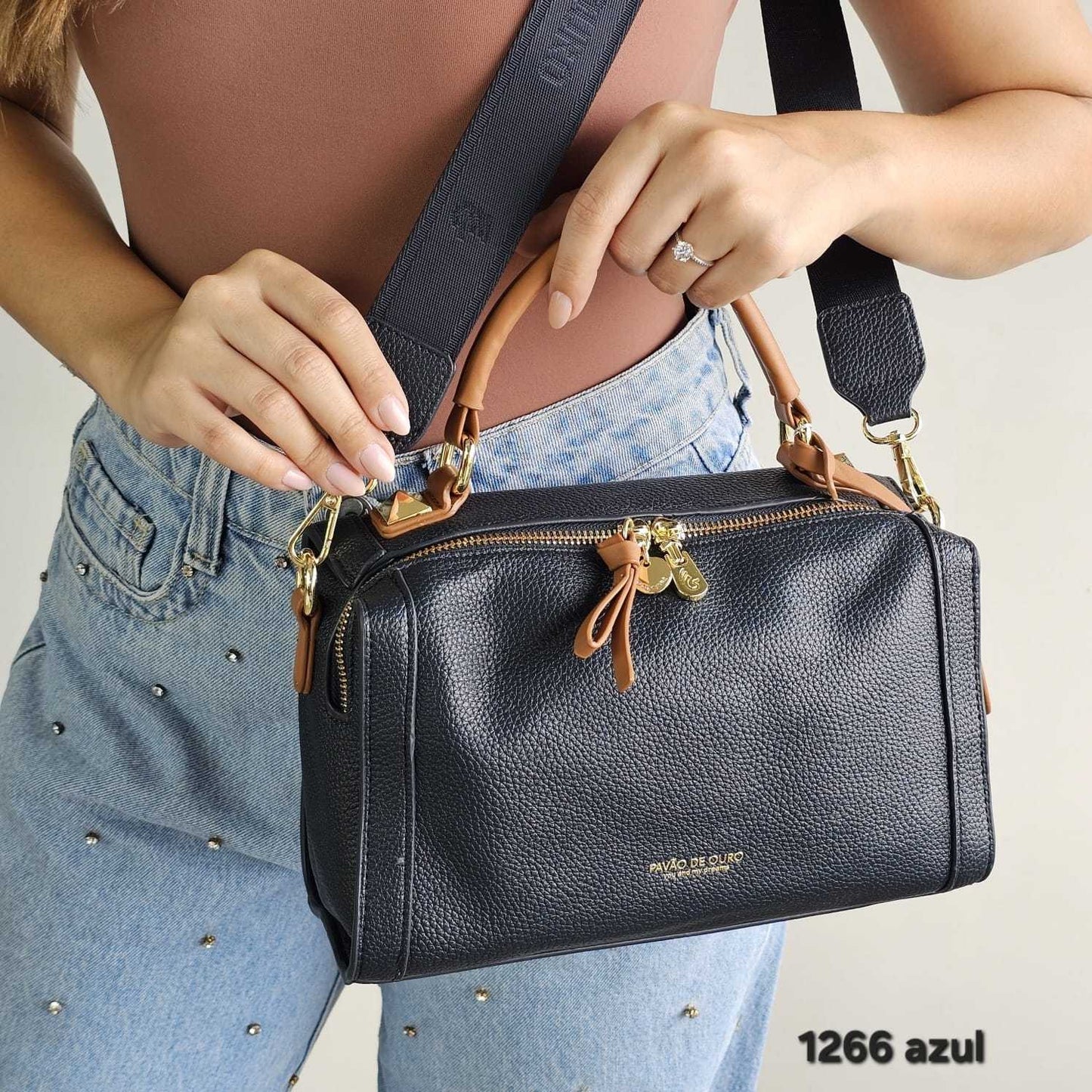 1266 Bolsa Baú Transversal Pavão de Ouro com Alça Larga Personalizada