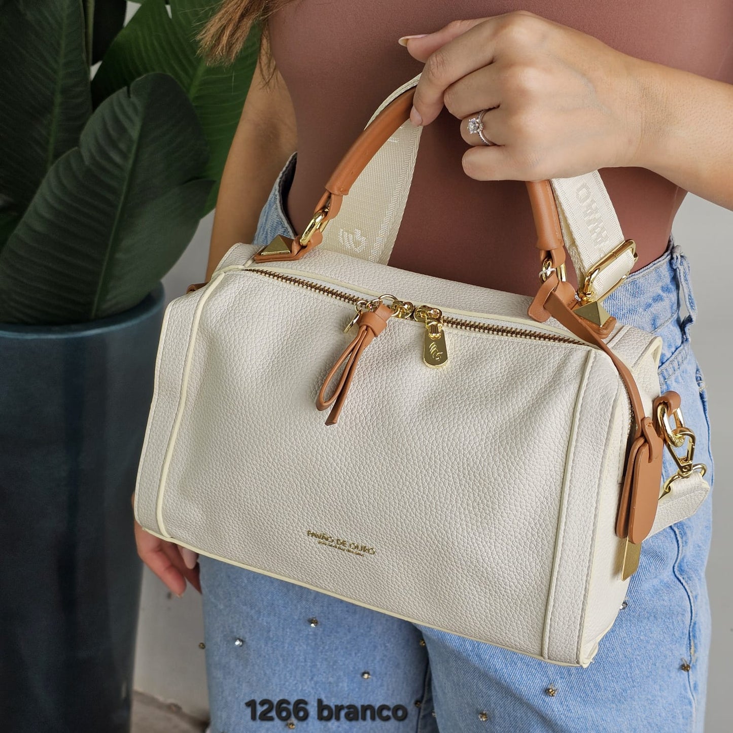 1266 Bolsa Baú Transversal Pavão de Ouro com Alça Larga Personalizada