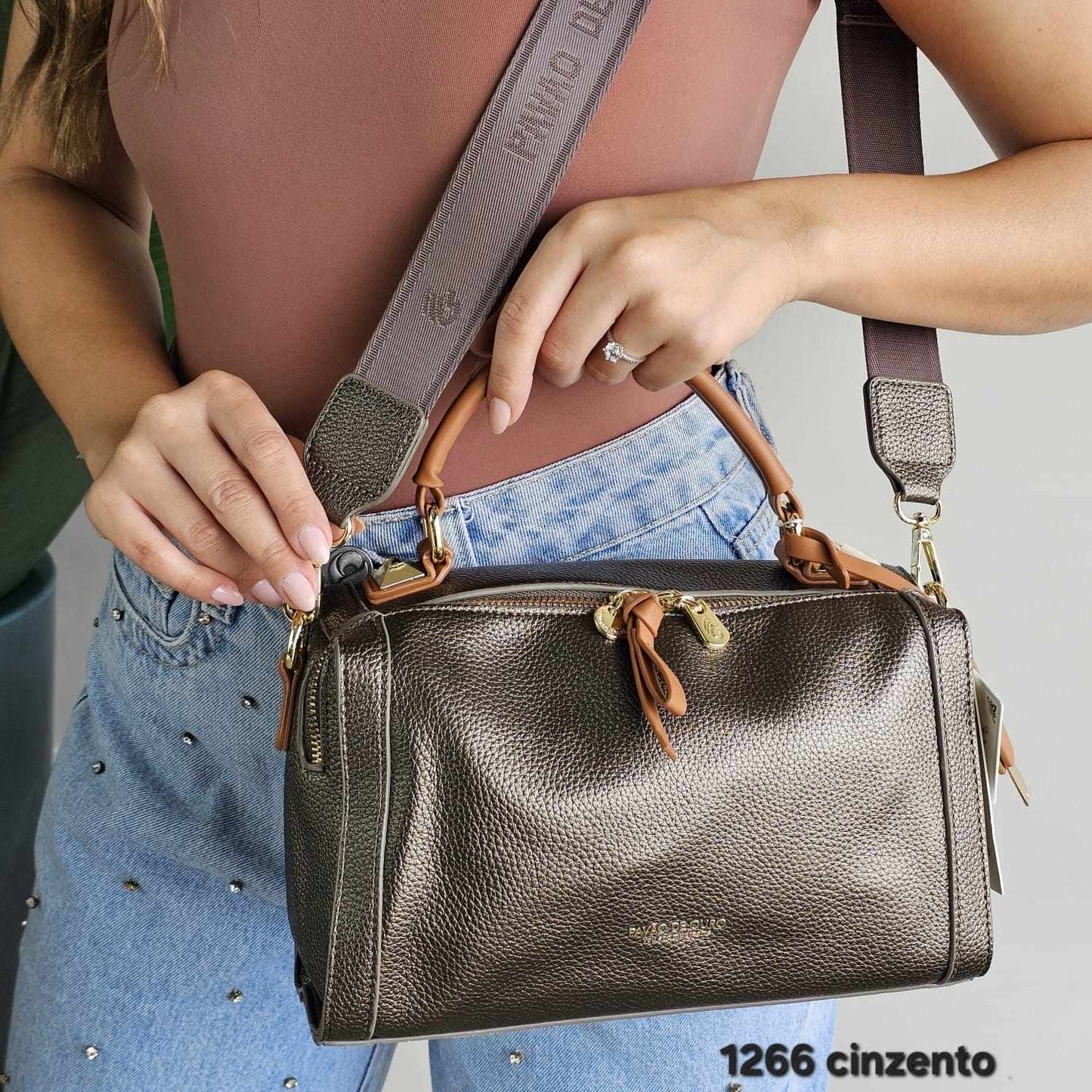 1266 Bolsa Baú Transversal Pavão de Ouro com Alça Larga Personalizada