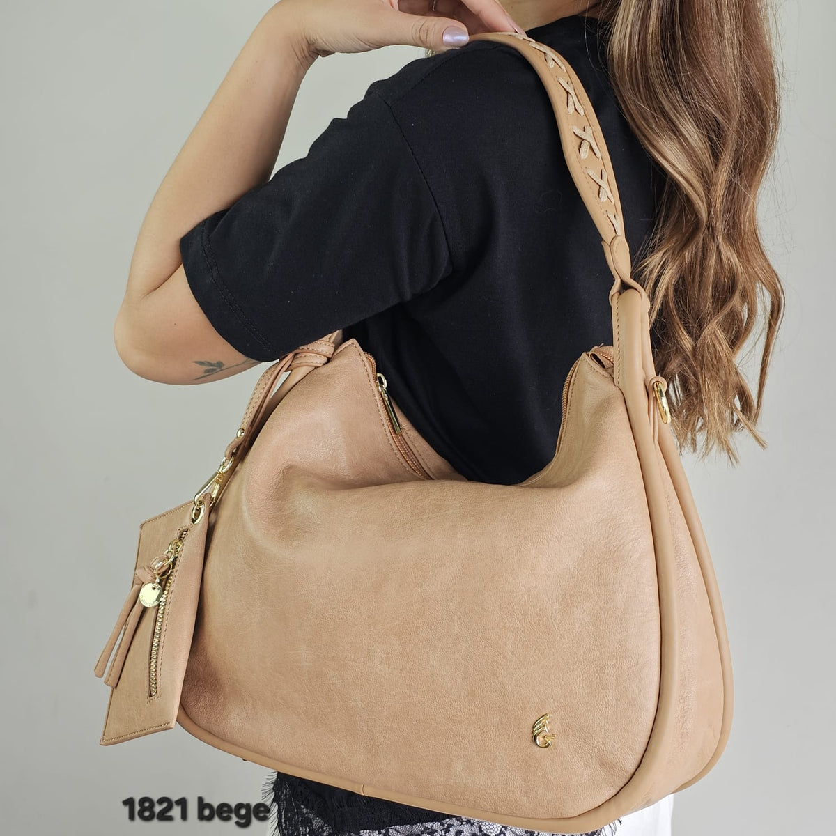 1821 Bolsa Hobo Pavão de Ouro Feminina em PU com Porta-Moedas