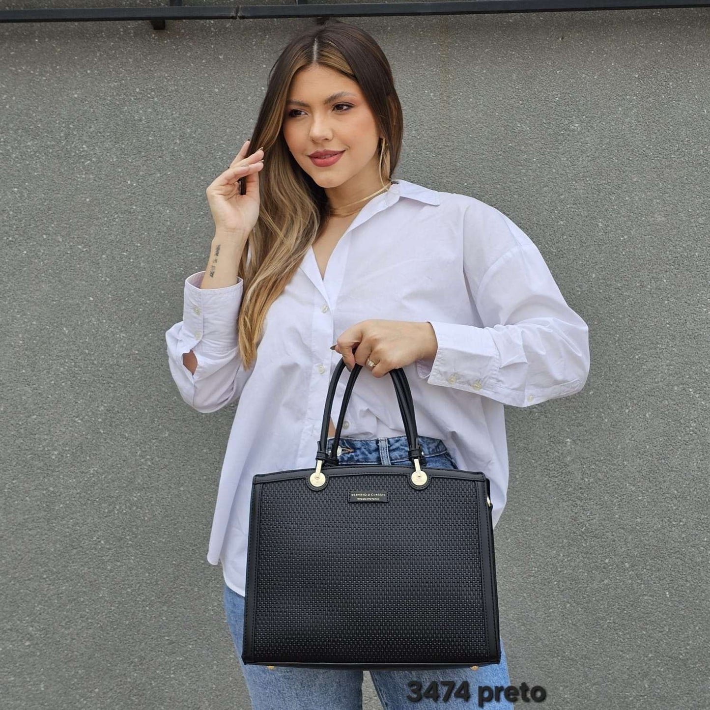 3474 Bolsa Feminina de Ombro Veryrio Estruturada com Textura Tressê