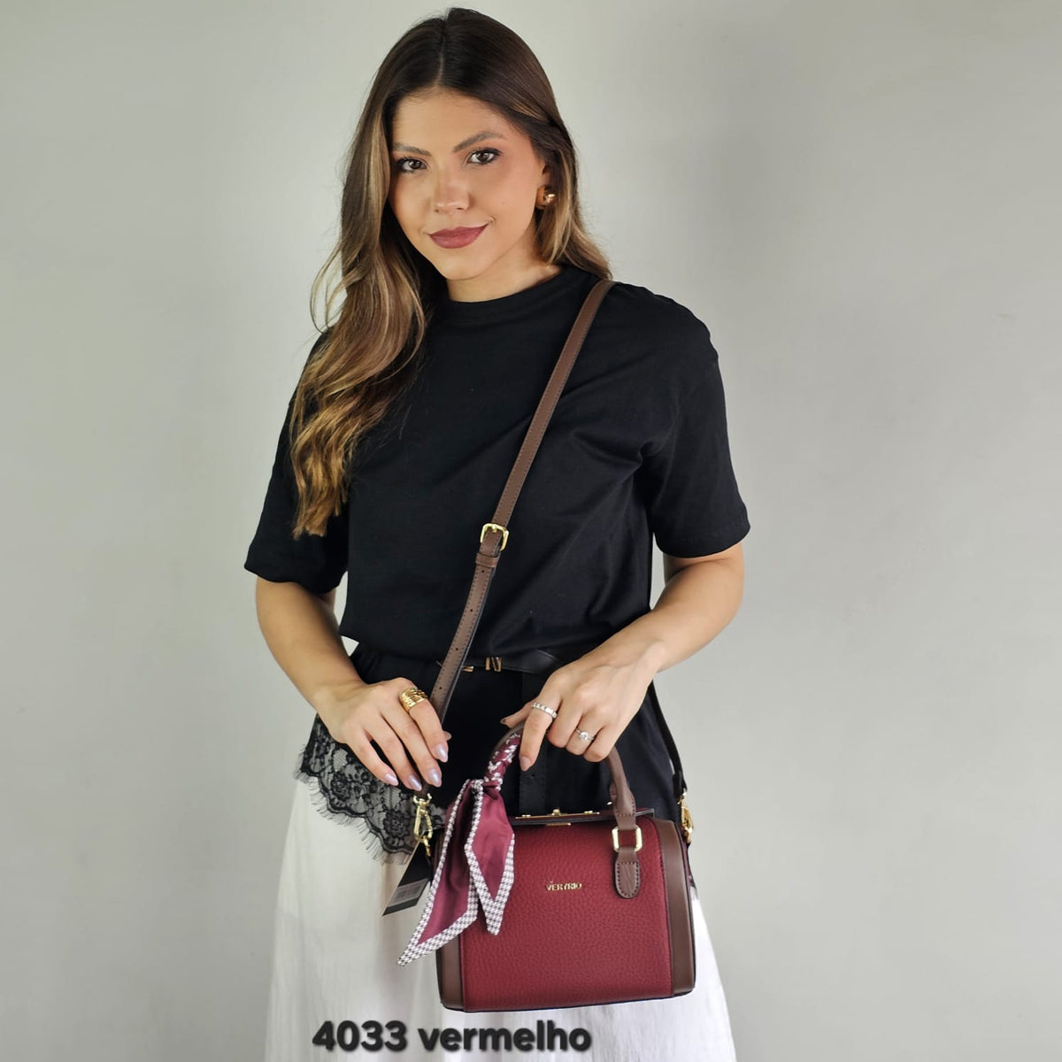 4033 Bolsa Feminina Baú Transversal em Poliuretano PU com Lenço Veryrio