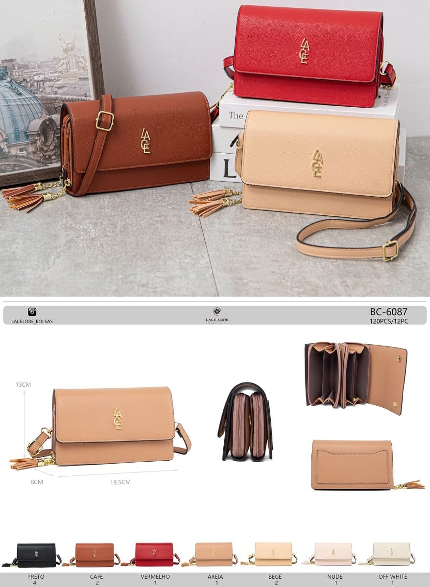 6087 Bolsa Transversal Feminina Lace Lore Poliuretano PU com Divisórias e Alça Ajustável