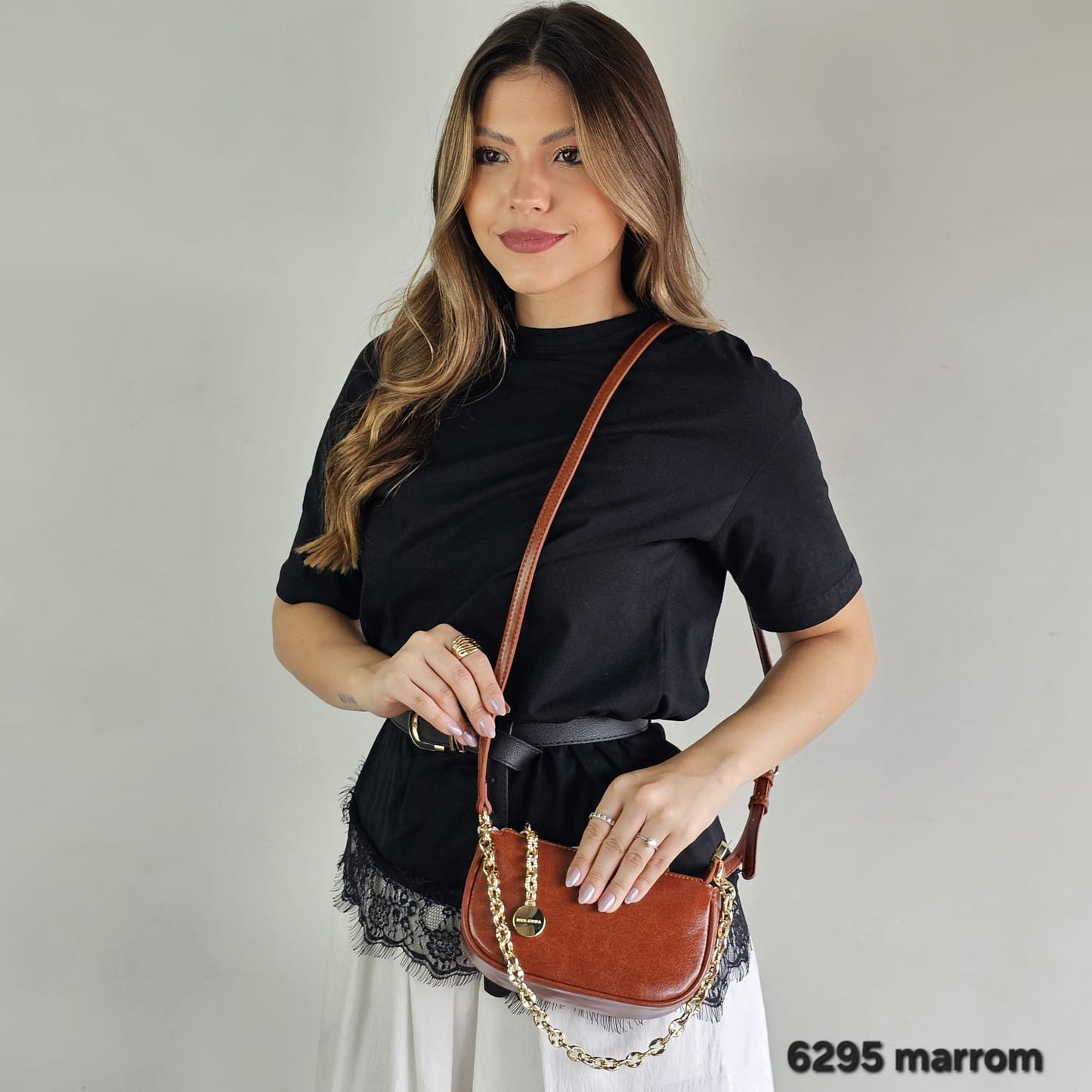 6295 Bolsa Transversal Pequena Rosa Amora Feminina em PU com Alça de Corrente