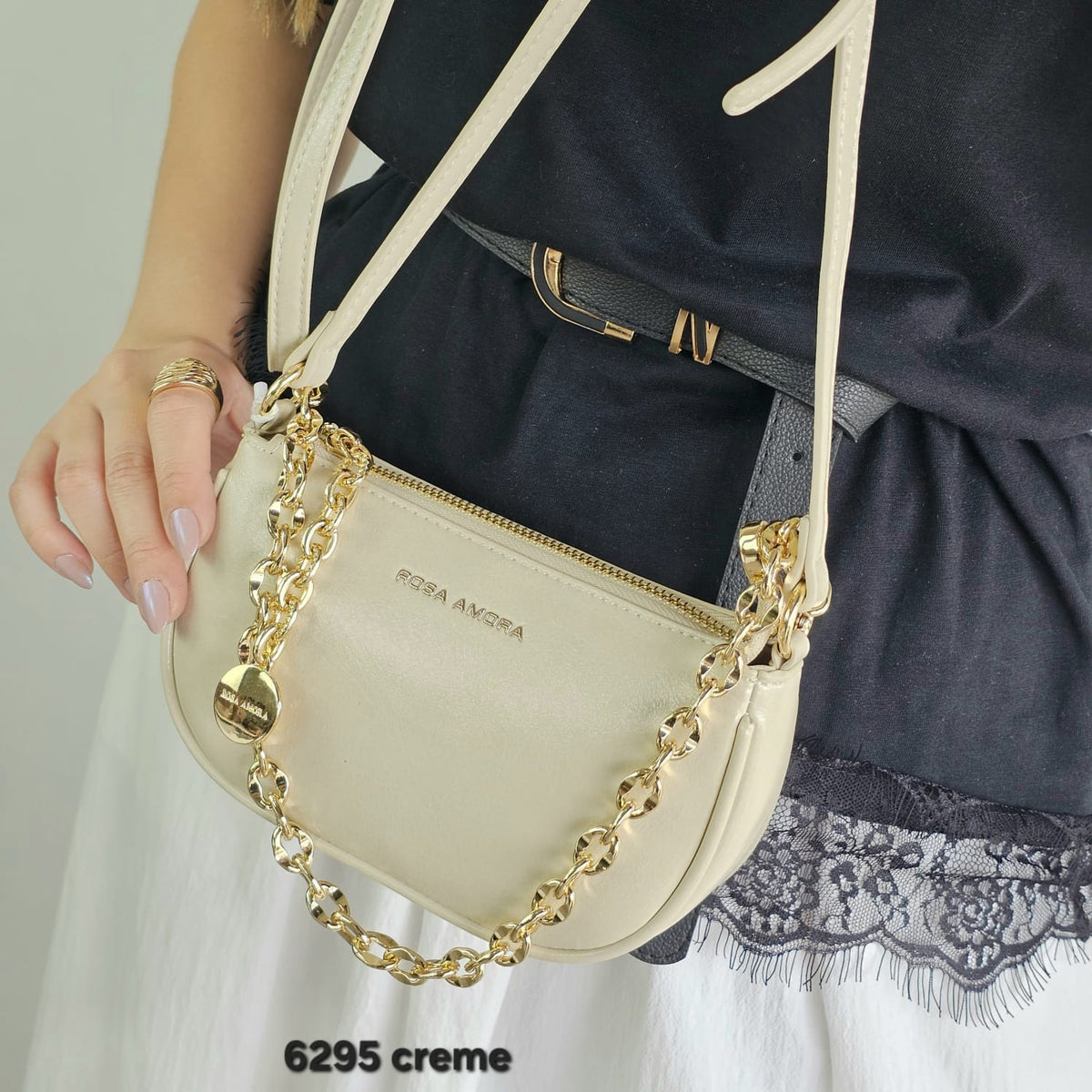6295 Bolsa Transversal Pequena Rosa Amora Feminina em PU com Alça de Corrente