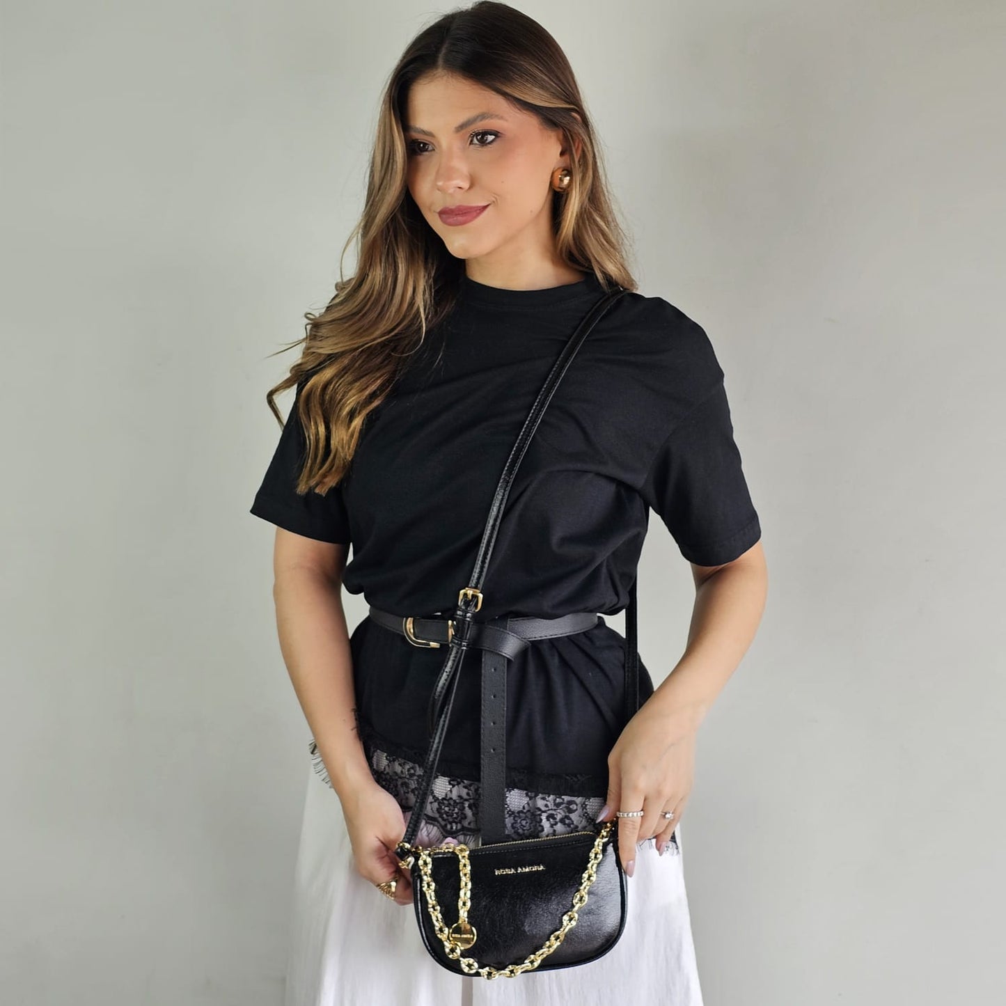 6295 Bolsa Transversal Pequena Rosa Amora Feminina em PU com Alça de Corrente