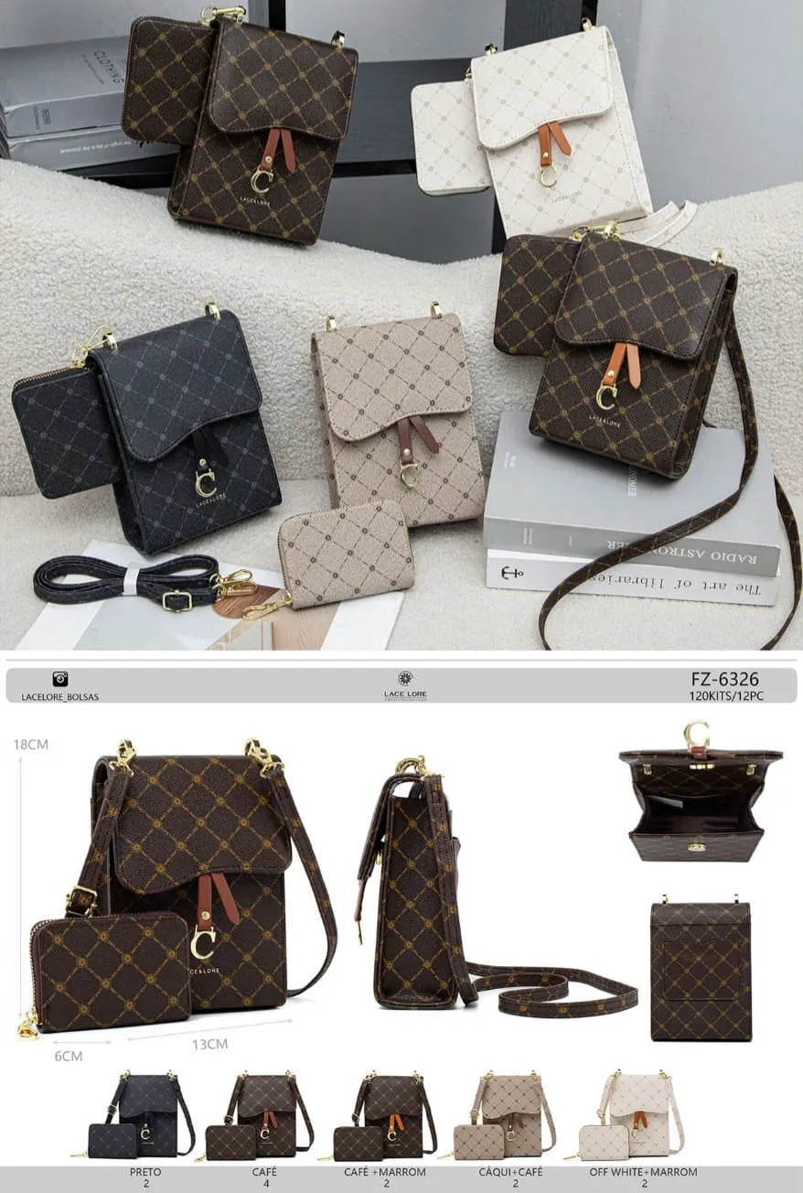 Kit Bolsa Porta Celular e Carteira Feminina Lace Lore FZ-6326 Poliuretano PU com Monograma