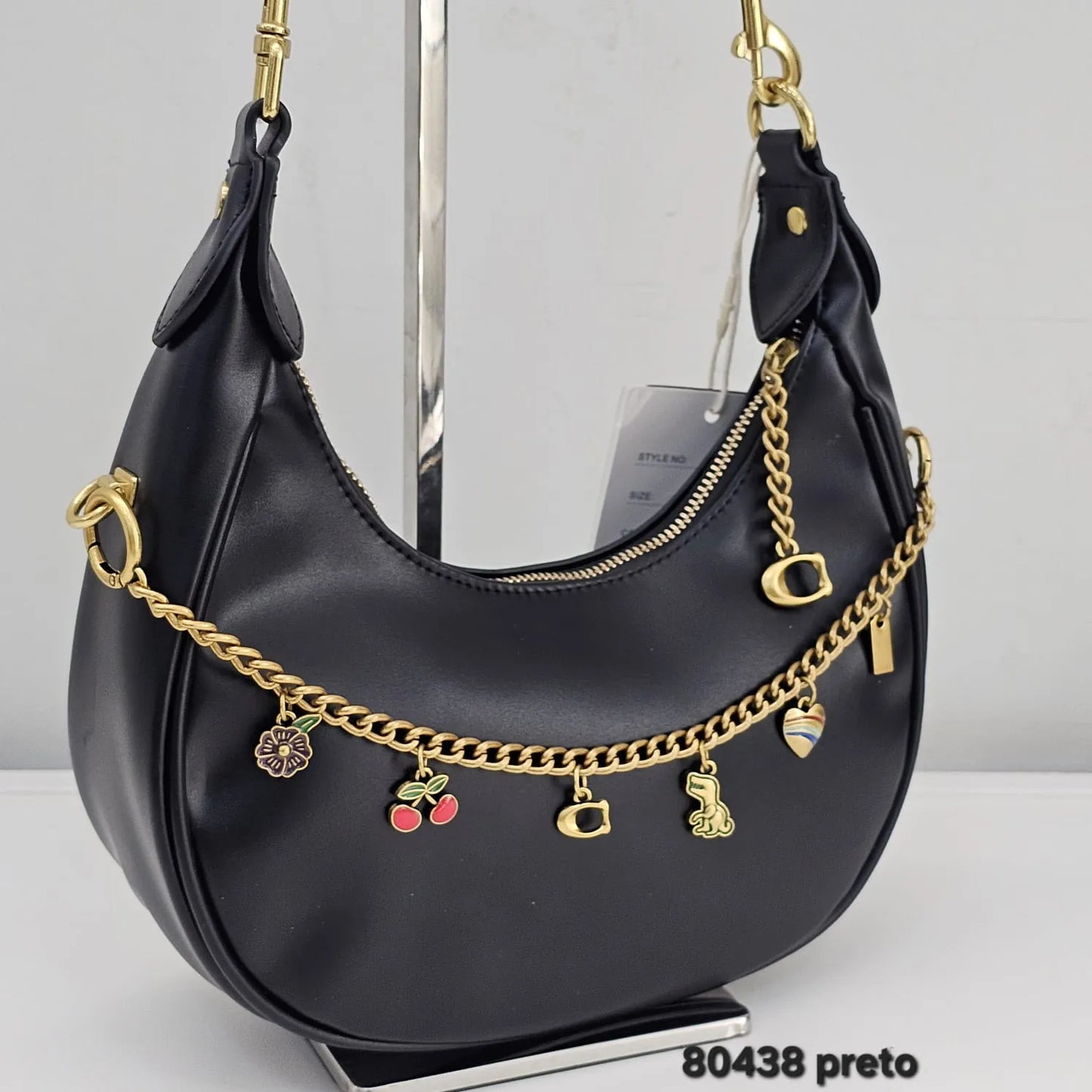 Bolsa Meia Lua Berelina Poliuretano PU Alça Dupla E Charms
